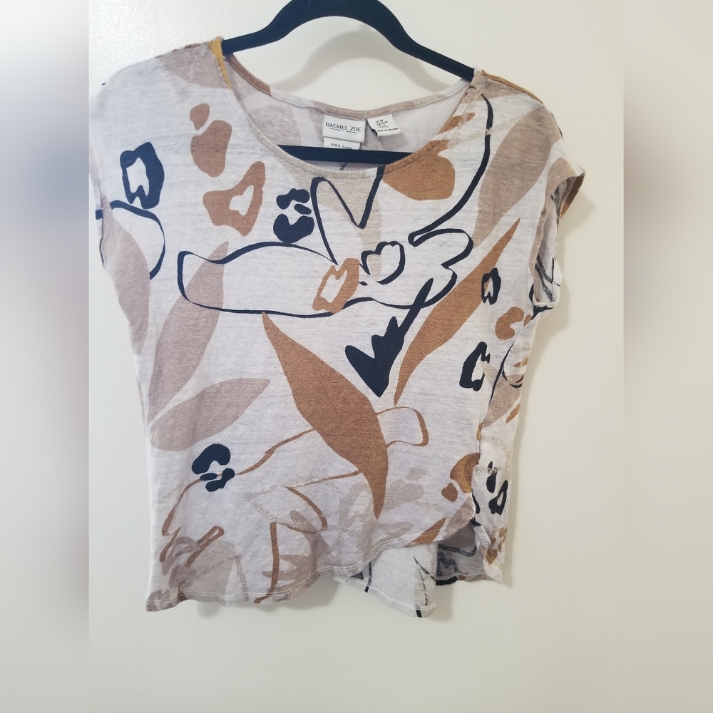 Rachel Zoe 100% Linen Abstract Asymmetrical Top Neutral Boho Chic S